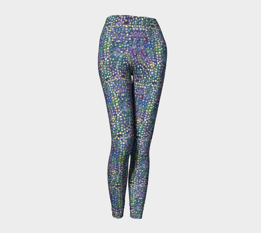 Leggings with blue, green and purple swirl background with yellow, green and pink dots