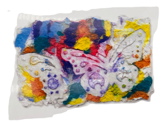 Graphic greeting card with light blue, teal, purple, yellow and red colors melted in the background with large white butterflies over top