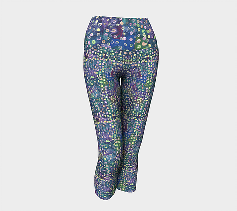 Yoga capri leggings with blue, green and purple swirl background with yellow, green and pink dots
