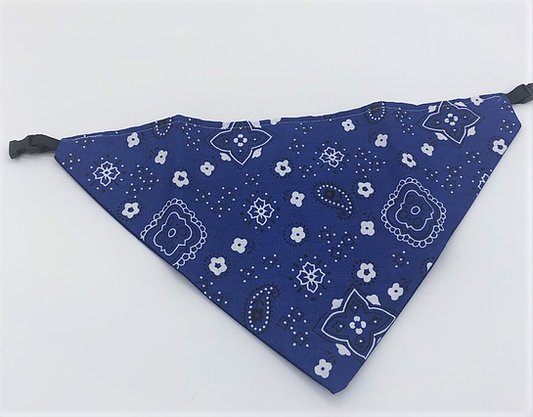 Blue dog bandana with traditional bandana print with white and black shapes