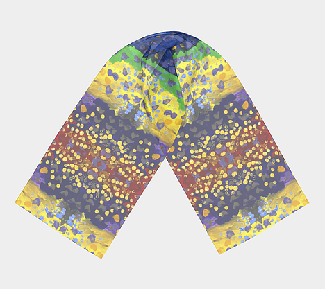 Flat lay view of scarf with red, purple, yellow and blue background with dots