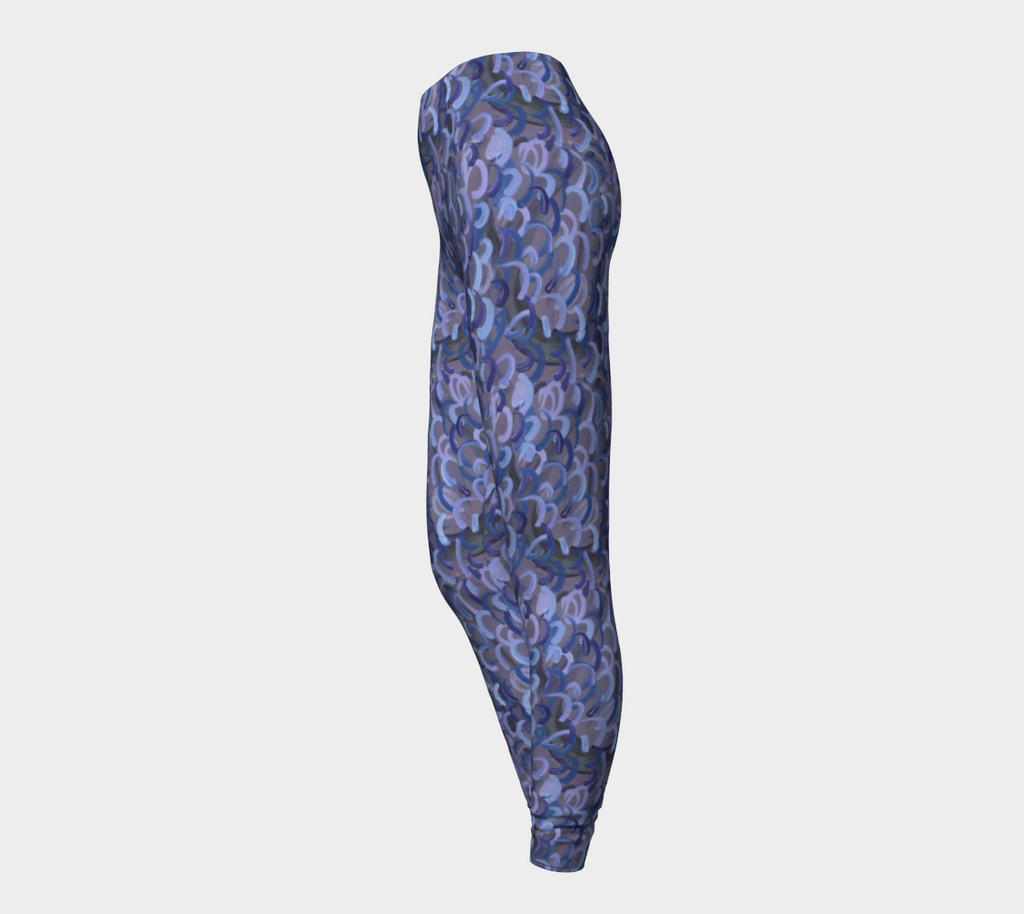 Side view of Gray leggings with light blue, dark blue, and lavender swirls