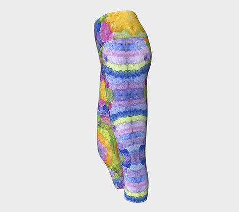 Side view of Yoga capris with fluffy blue, lavender, orange and green swirls