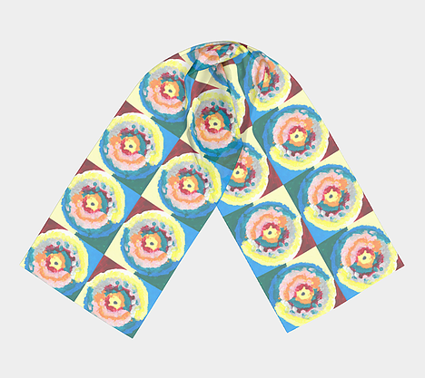 Scarf with colorful circle within circle design with blue, green, orange, pink, yellow and red colors