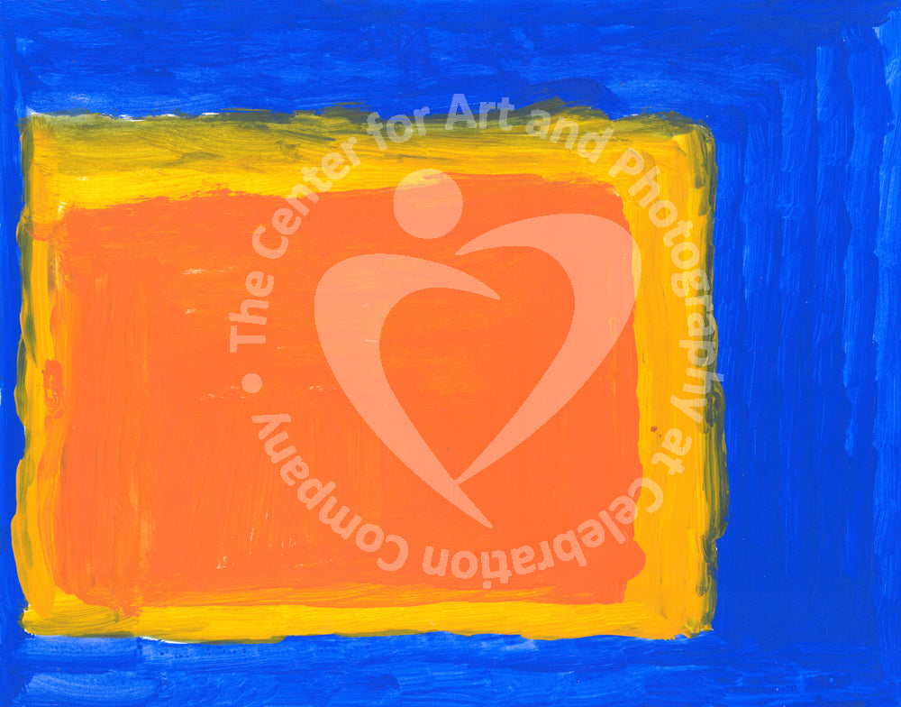 Artwork showing blue background with large yellow and orange square