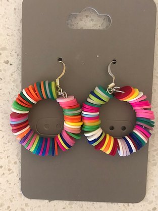 Rainbow colored fimo clay circle earrings