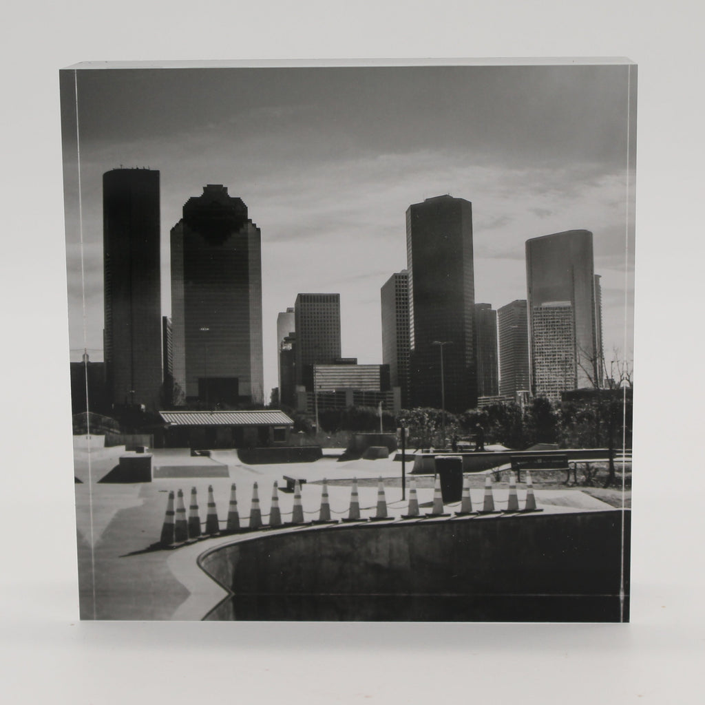 Acrylic block depicting black and white photo of Houston skyline