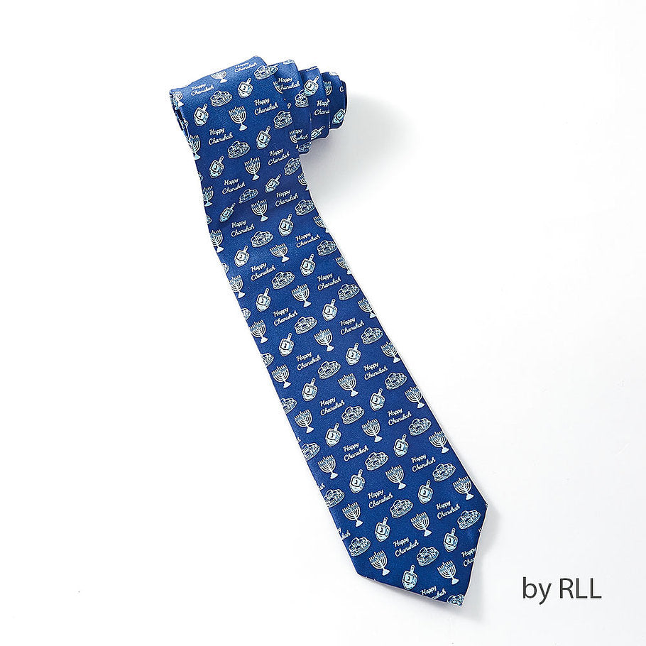 blue tie with small white graphics of dreidels, menorahs, and latkes