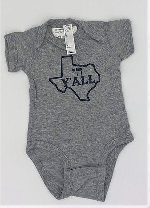 Gray onesie with blue Texas with Chai Y'all slogan in the middle