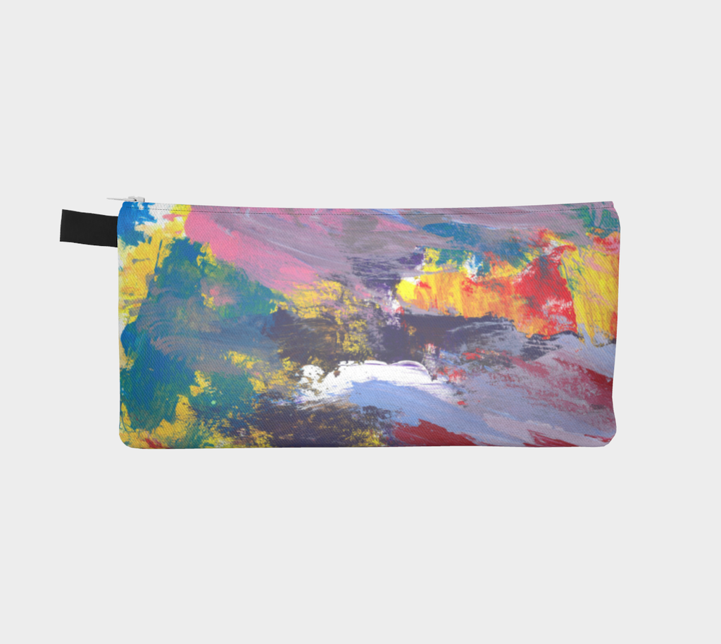 Zippered pencil case with yellow, red, pink, turquoise, purple and lavender streak design