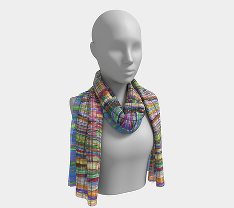 Mannequin wearing neck scarf with rainbow colored check print