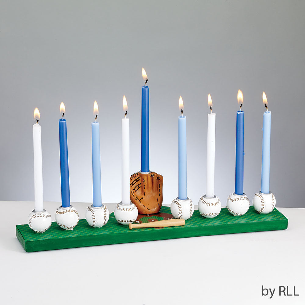 Menorah with green base depicting a baseball diamond with ceramic baseballs for each candle holder
