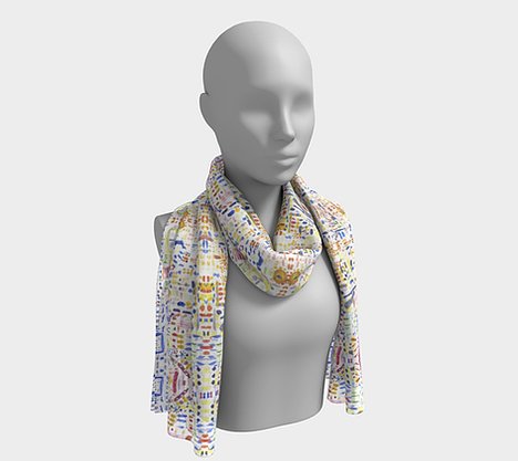 Mannequin wearing white neck scarf with free form shapes of blue, purple, green, yellow, orange and red colors
