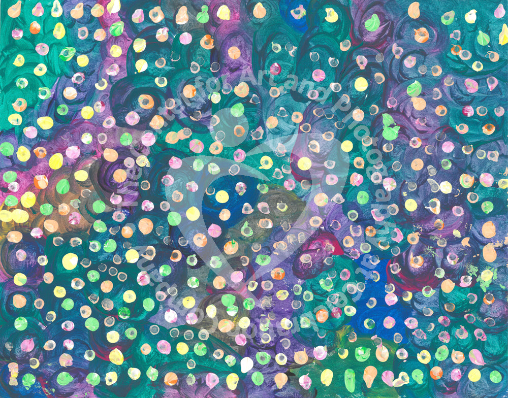 Blue, green and purple swirl background with yellow, green and pink dots