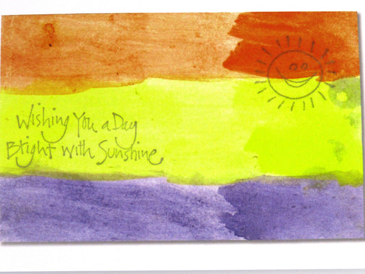 Graphic card with three horizontal stripes in orange, yellow and pink with a smiling sun in the top left and a Wishing you a Day Bright with Sunshine slogan on the left
