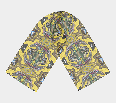 Flat lay view of neck scarf with swirling design of yellow, gold, green, pink swirl
