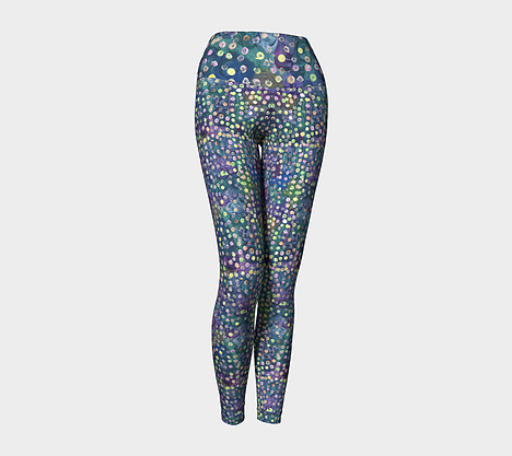 Front view of Yoga leggings with blue, green and purple swirl background with yellow, green and pink dots