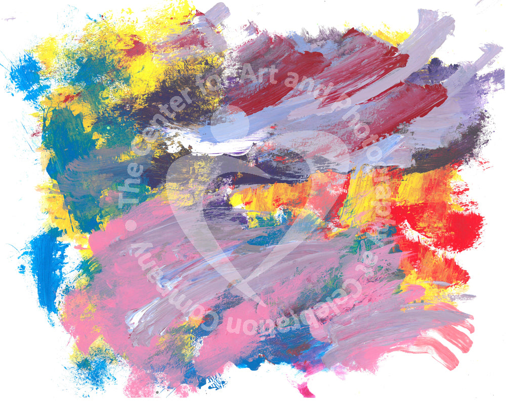 Artwork depicting yellow, red, pink, turquoise, purple and lavender streak design