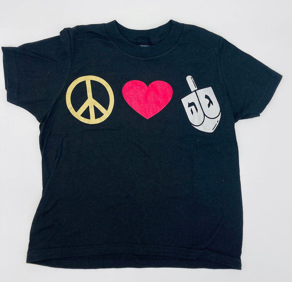 Black tshirt yellow peace sign, red heart, and white dreidel