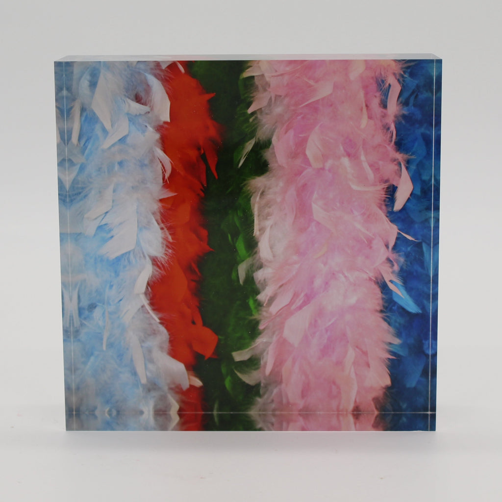Acrylic block picture of light blue, red, green, pink and dark blue feather boas