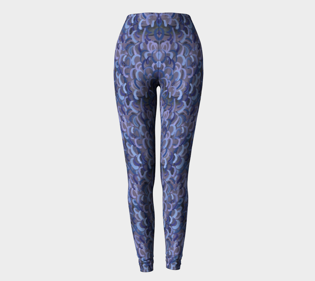 Back view of Gray leggings with light blue, dark blue, and lavender swirls