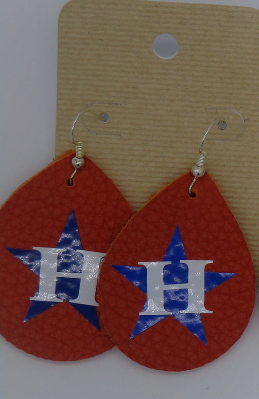 Tear drop shaped orange leather earrings with Houston Astros logo