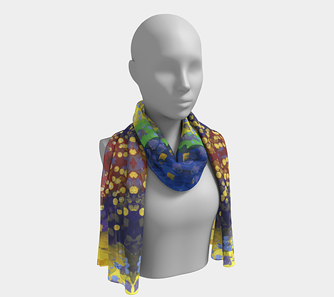 Mannequin wearing neck scarf with red, purple, yellow and blue background with dots