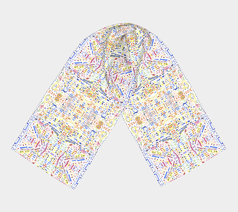 Flat lay view of white scarf with free form shapes of blue, purple, green, yellow, orange and red colors