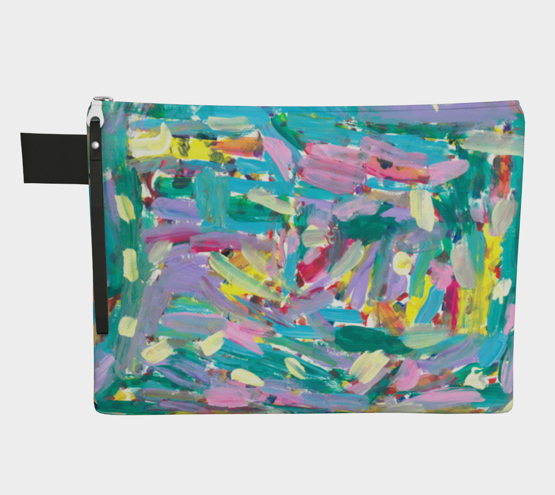 Zippered carrayall depicting pink, turquoise, lavender, green and yellow paint streak design