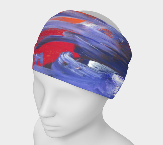 Mannequin wearing headband with purple, red, orange white streak design