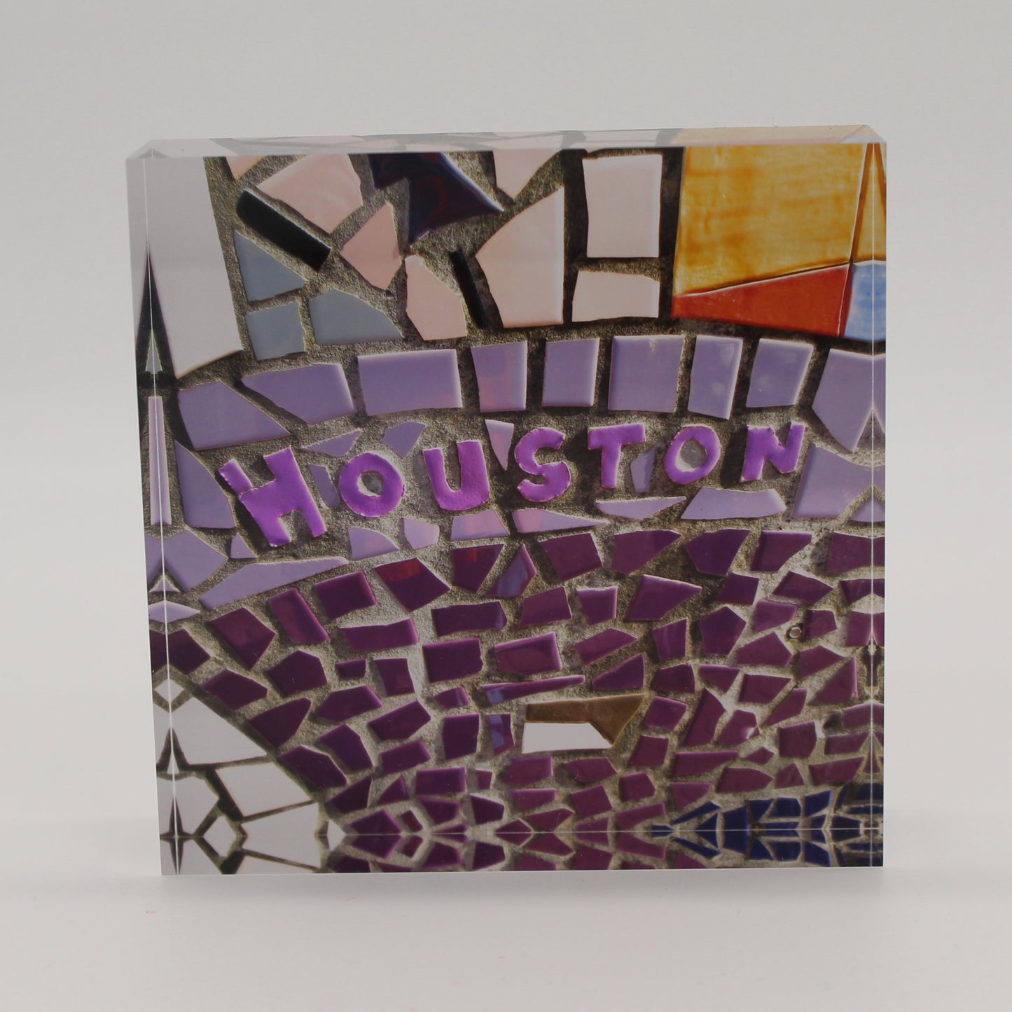 Acrylic block picture of mosaic tiles spelling Houston