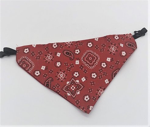 Red dog bandana with traditional bandana print with white and black shapes