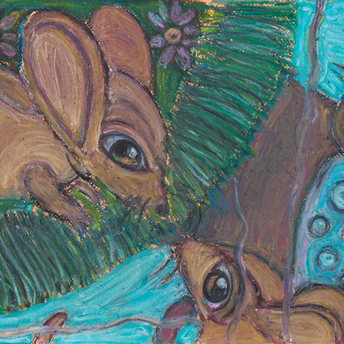 Acrylic block depicting a small mouse on a grassy area looking into his reflection in the water