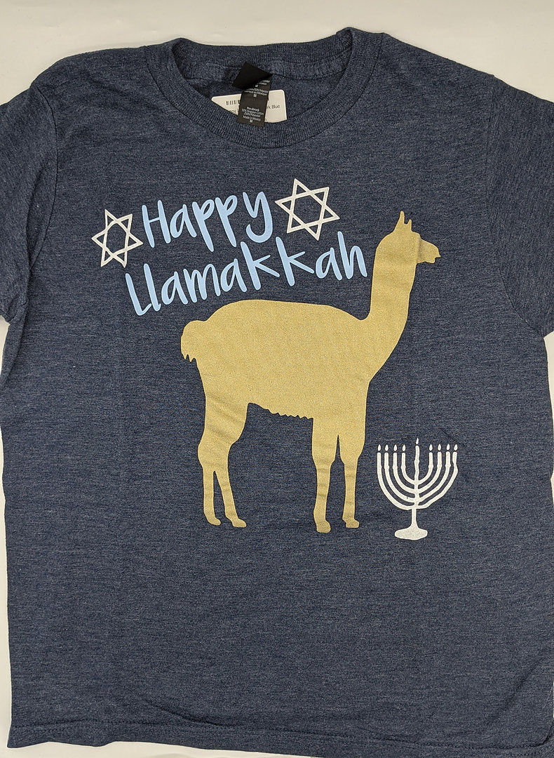 Distressed blue tshirt with golden llama graphic, white menorah and Happy Llamakkah slogan