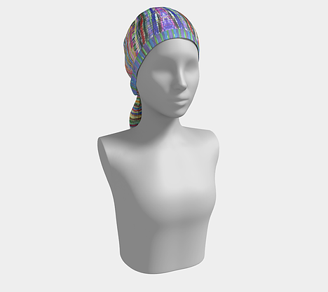 Mannequin wearing headscarf with rainbow colored check print