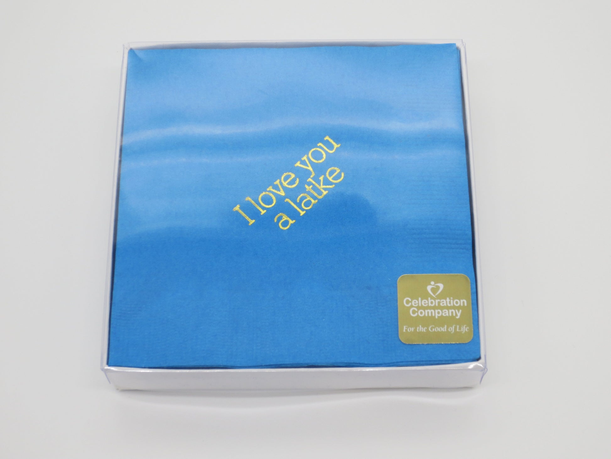 Packaged Light blue cocktail napkins with gold I love you a latke slogan