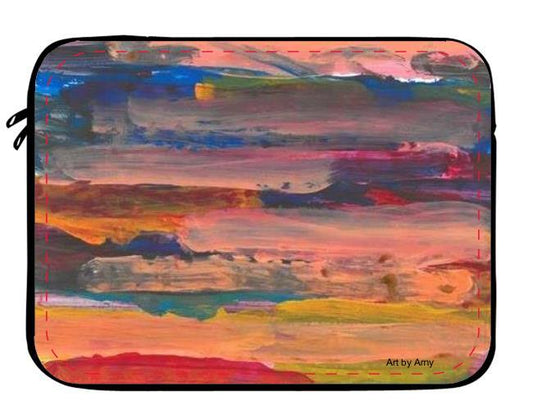 Neoprene Laptop case designed with Layers of vertical brushstrokes overlapping. In the center the background is a dark blue, to the left is yellow, and the right is pink. The top layer of brushstrokes are mostly a pale pink