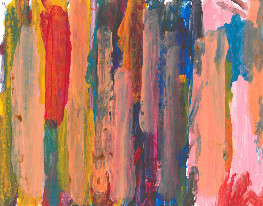Layers of vertical brushstrokes overlapping. In the center the background is a dark blue, to the left is yellow, and the right is pink. The top layer of brushstrokes are mostly a pale pink