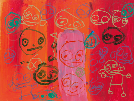 This is a photo with a red and orange background. There are several abstract faces multicolored.