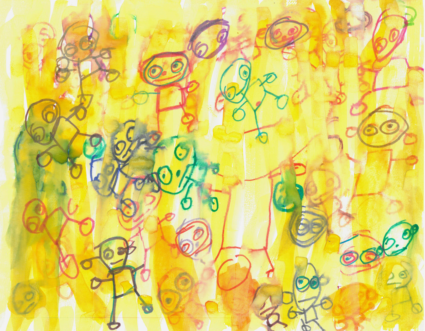 This is a painting with a yellow background and several abstract drawings of people.