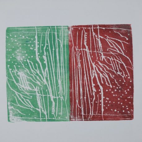 Ink on paper artwork with a large green rectangle on the left and a large red rectangle on the right both depicting the sky at night overlaid in white