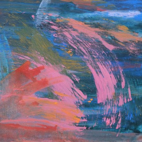 Acrylic on canvas artwork inspired by the sky at sunset.  Fluffy blue and green horizontal lines in the background with pops of pink and orange curved on top