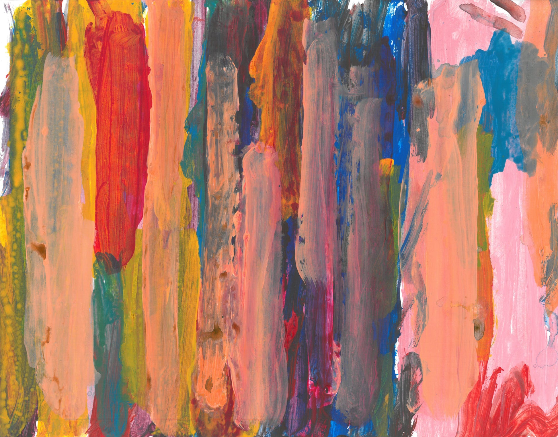 Layers of vertical brushstrokes overlapping. In the center the background is a dark blue, to the left is yellow, and the right is pink. The top layer of brushstrokes are mostly a pale pink