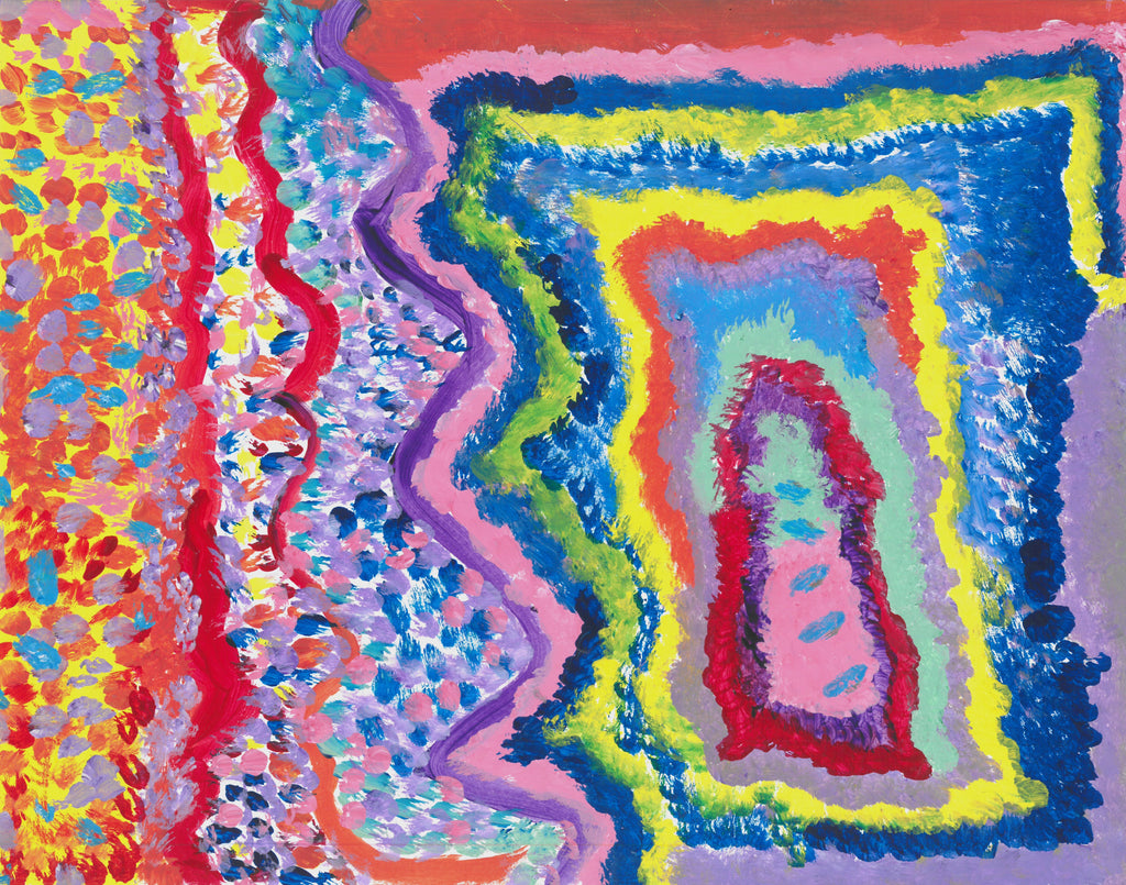 This painting is multicolored, with purple, red, orange, yellow, blue and white dots. It also has squiggles on the right side of the painting