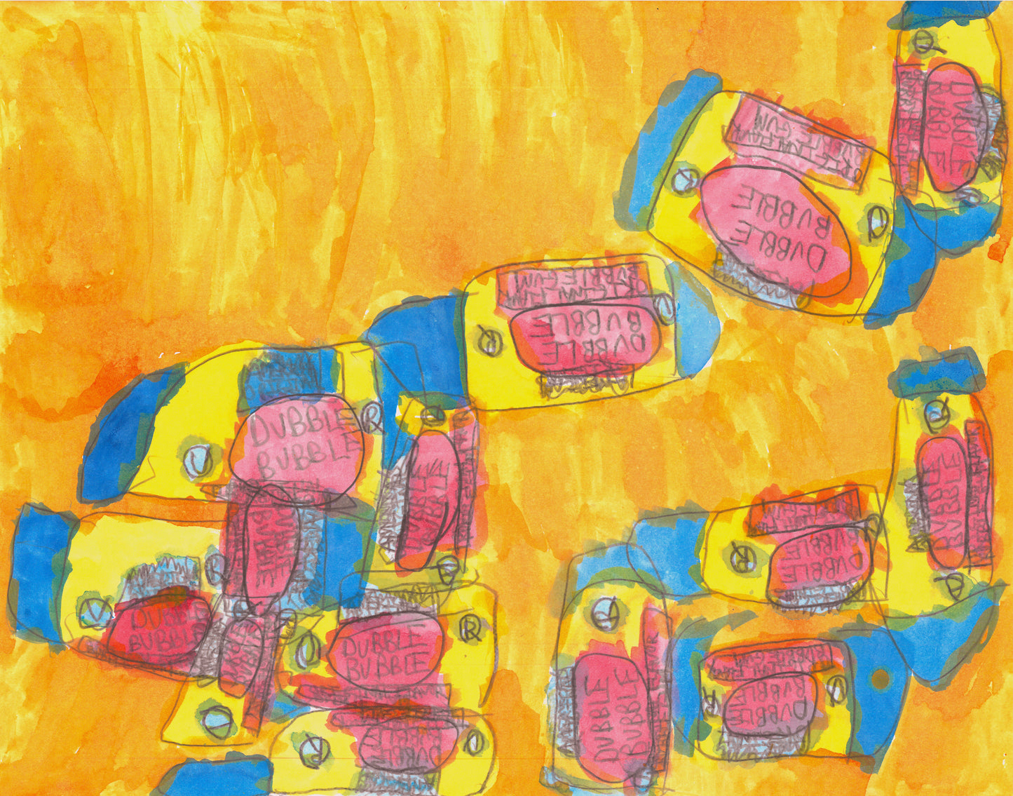 This is a painting that has a yellow background and painted drawings of "dubble bubble" bubble gum