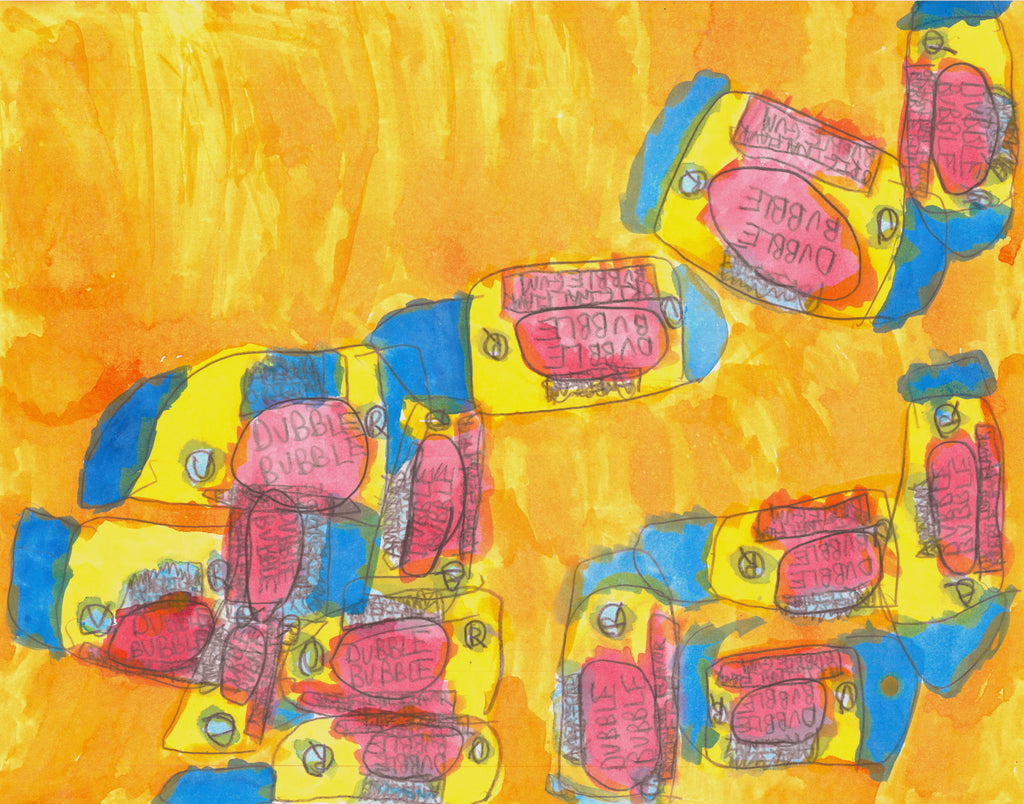 This is a painting that has a yellow background and painted drawings of "dubble bubble" bubble gum