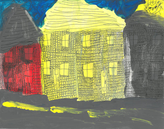 This is a painting of three houses. One on the left is red with a gray roof, the center house is yellow with a yellow roof, and the one on the far right is all gray. There is a yellow sun smiling in the corner in front of a blue sky.