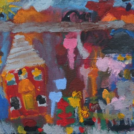 Acrylic on canvas artwork depicting abstract theme with yellow sun in the top left corner shining down on a red house with white roof.  Red, orange, pink, blue and yellow colors are mixed throughout in varying paint streaks