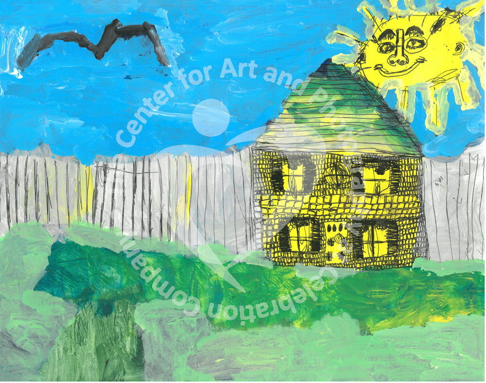 Artwork depicting yellow house with smiling sun above, black bird, green grass and a fence