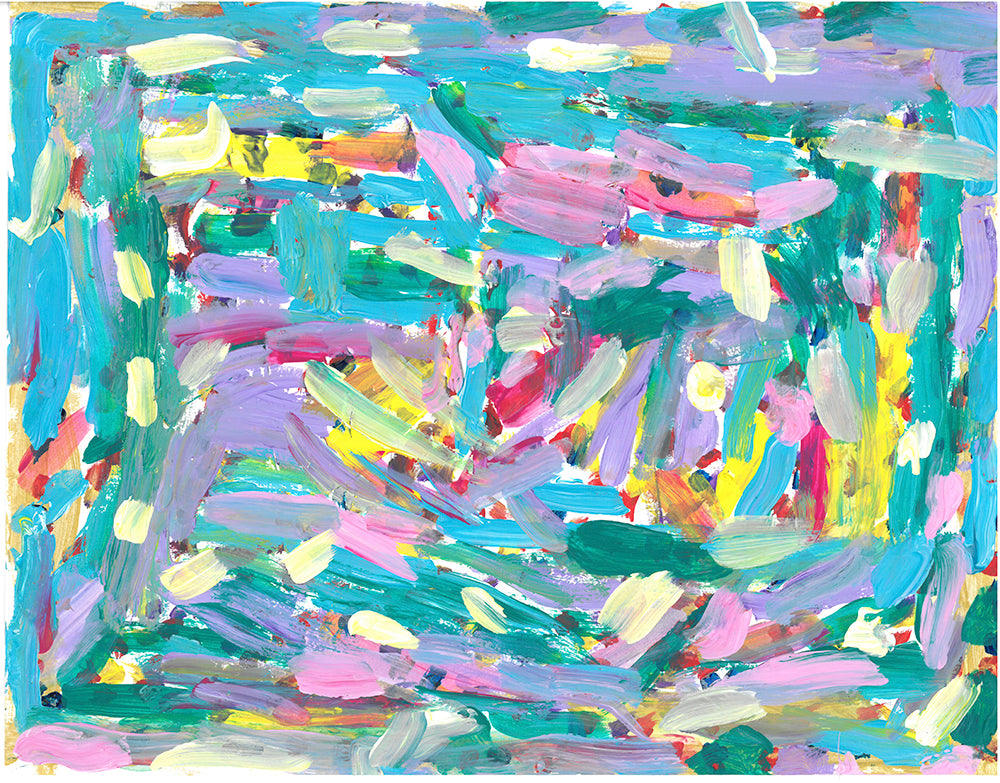 Horizontal and vertical streaks cover the canvas in tones of turquoise, deep green, yellow, lavender, and pink.